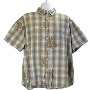AIGLE Mens XXL Olive Green Plaid Floral Leave Print Casual/Minimalist Top